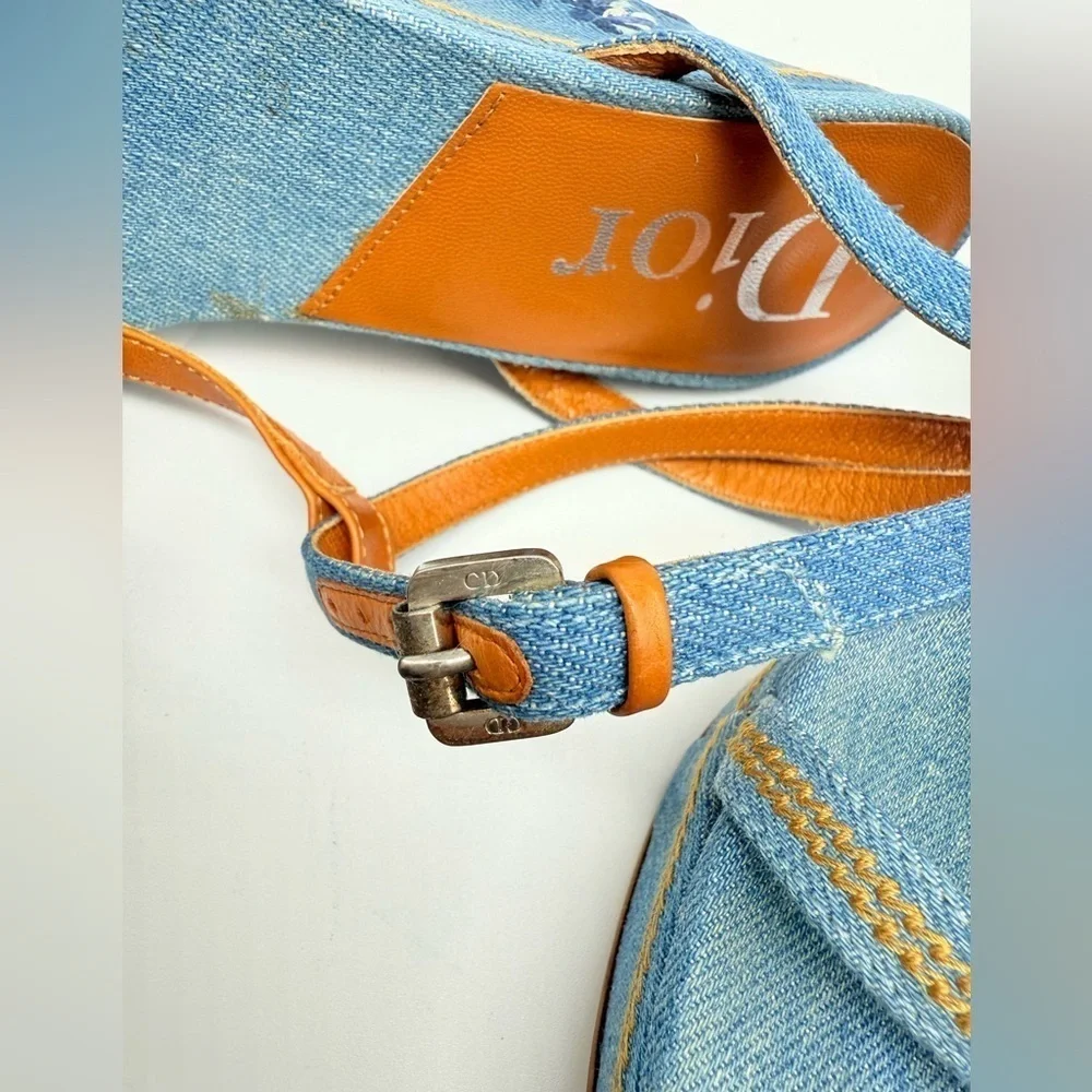 Christian Dior Vintage Denim Leather CD logo floral embroidered wedge heels 38.5
